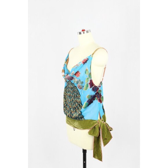 HALE BOB Blue Silk Burnout Velvet Beaded Peacock Cowl Neck Tank Top, Size M - Picture 4 of 13